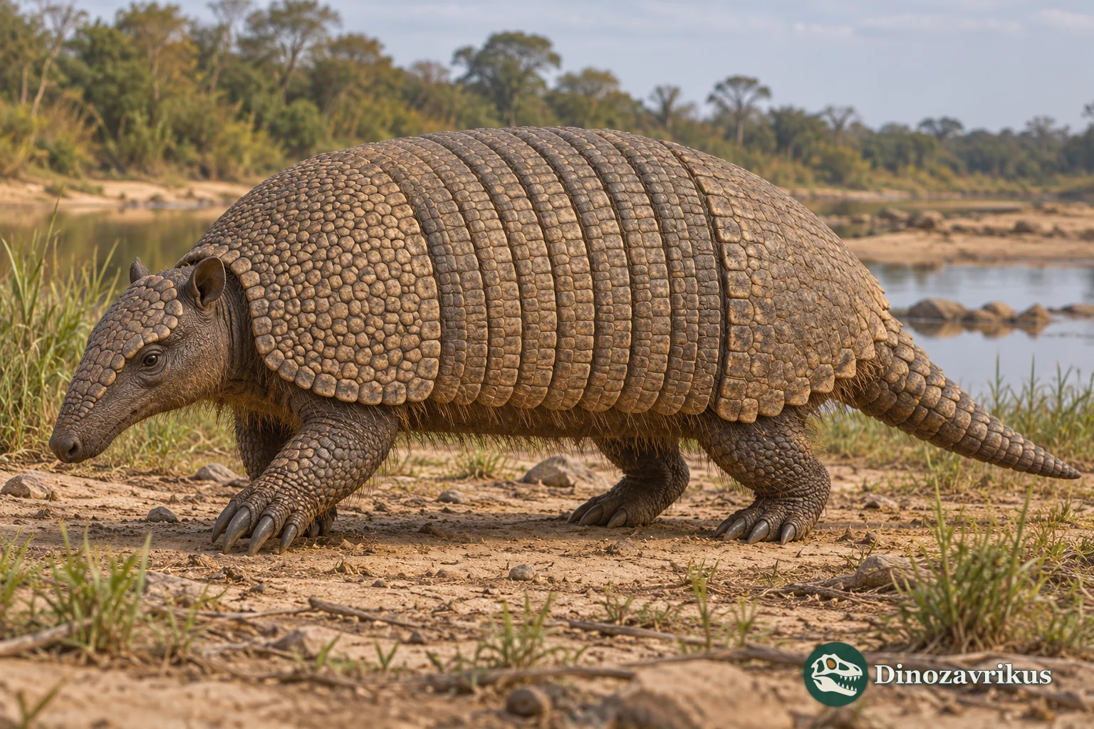 Artistic reconstruction of Propraopus beside a South American river