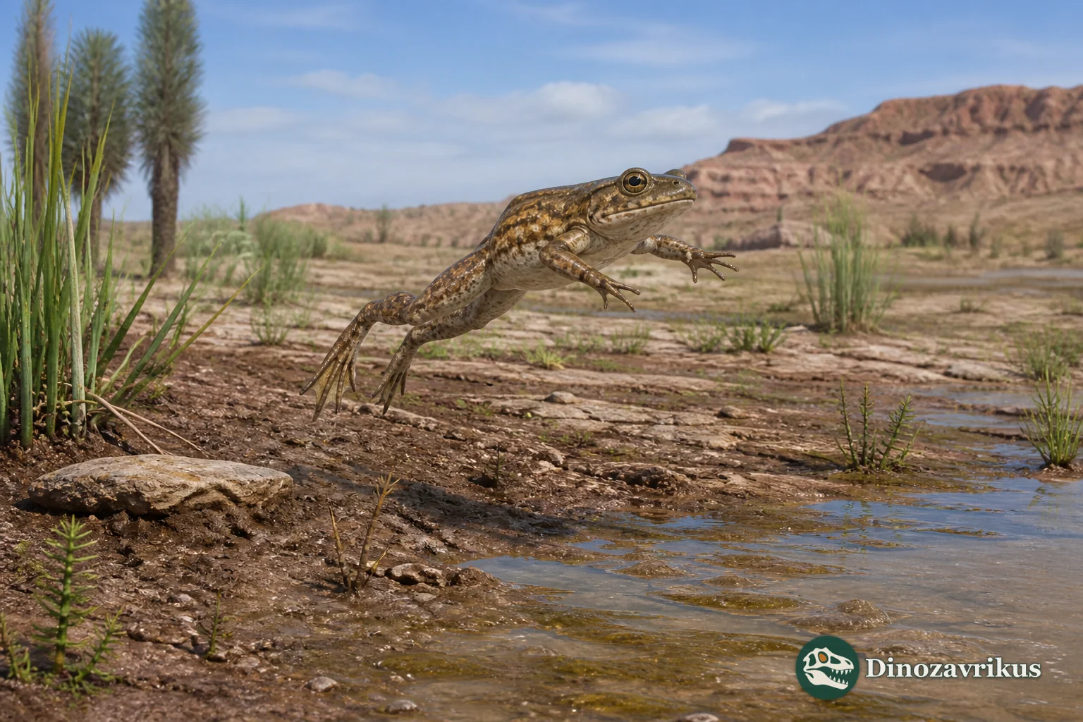 Prosalirus bitis poised among rocks near an Early Jurassic stream in Arizona