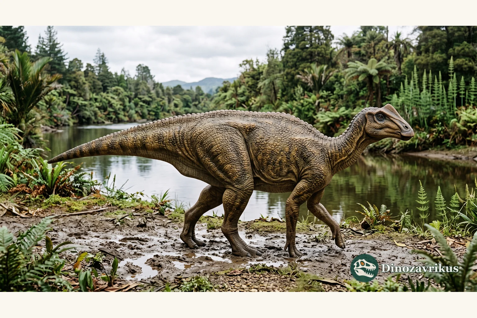 Scientific reconstruction of Prosaurolophus maximus in a Late Cretaceous Alberta floodplain