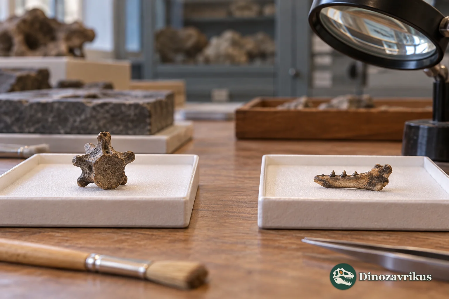 Illustrative museum comparison of a fossil vertebra and a separate jaw fragment