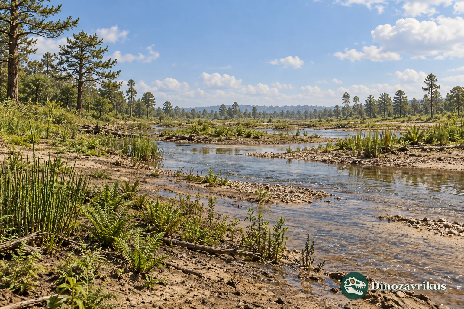 Artistic reconstruction of a Lower Cretaceous floodplain stream in Texas