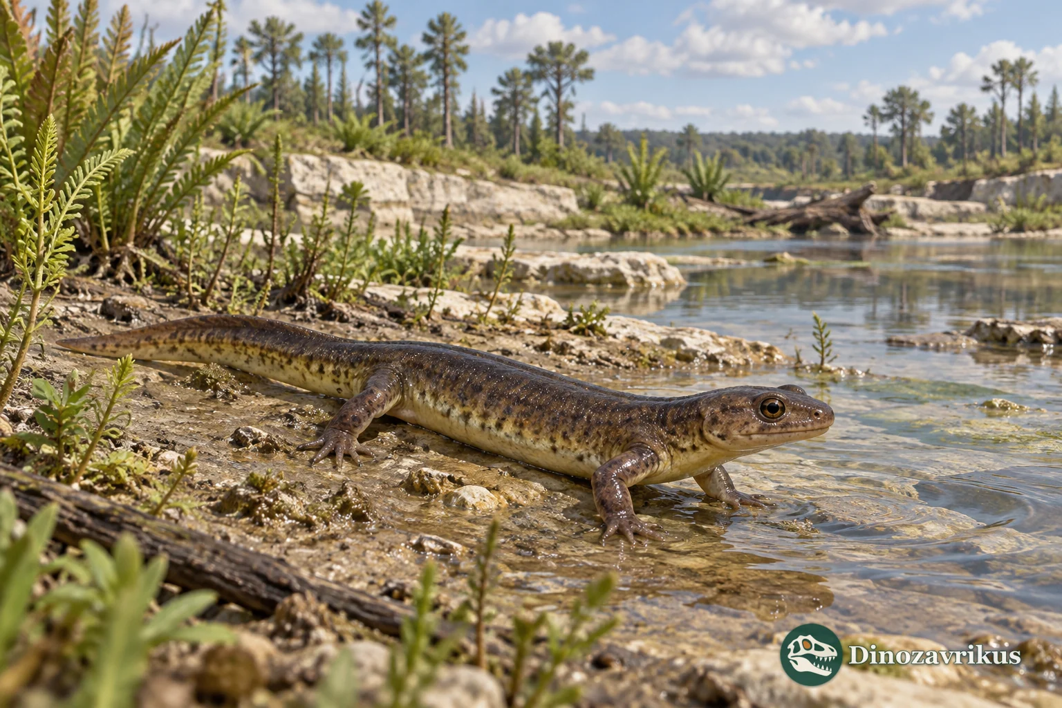 Artistic reconstruction of a small salamander-like amphibian beside an Early Cretaceous Texas stream