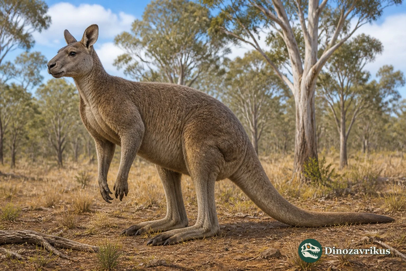 Protemnodon kangaroo moving through Pleistocene woodland in Australia