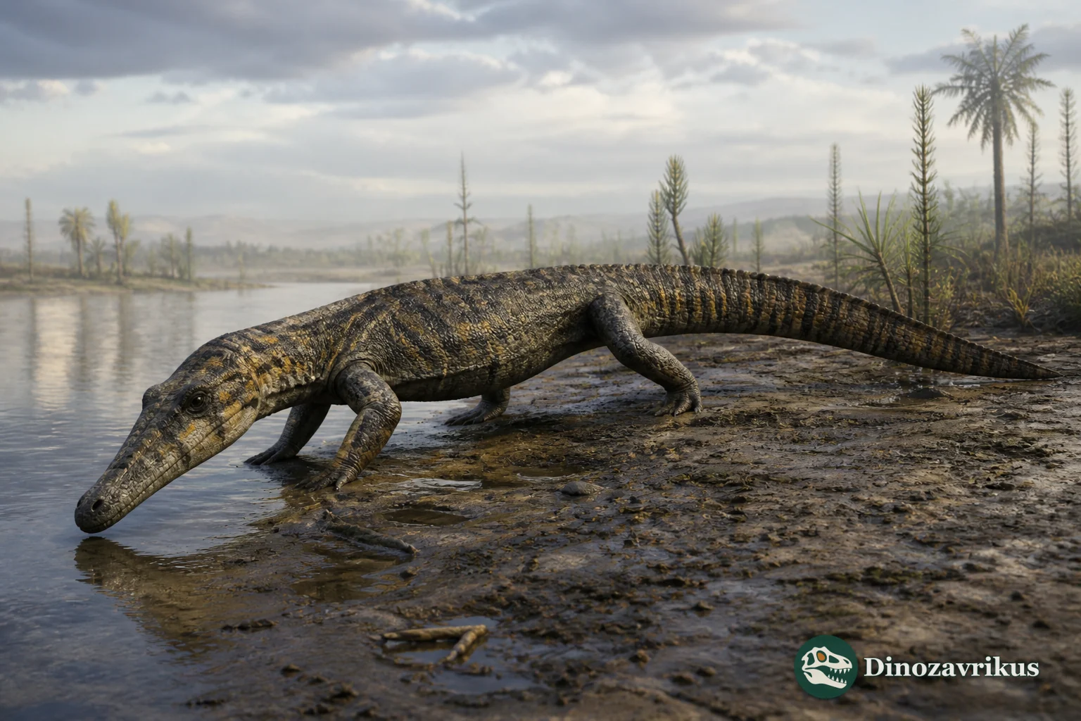 Proterosuchus reconstructed near a South African Triassic river, with its downturned snout visible