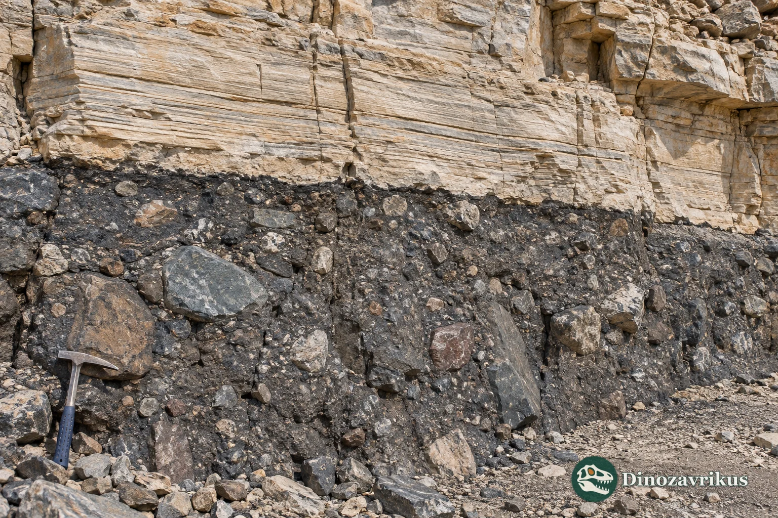 Pale cap carbonate resting sharply above dark Cryogenian glacial diamictite