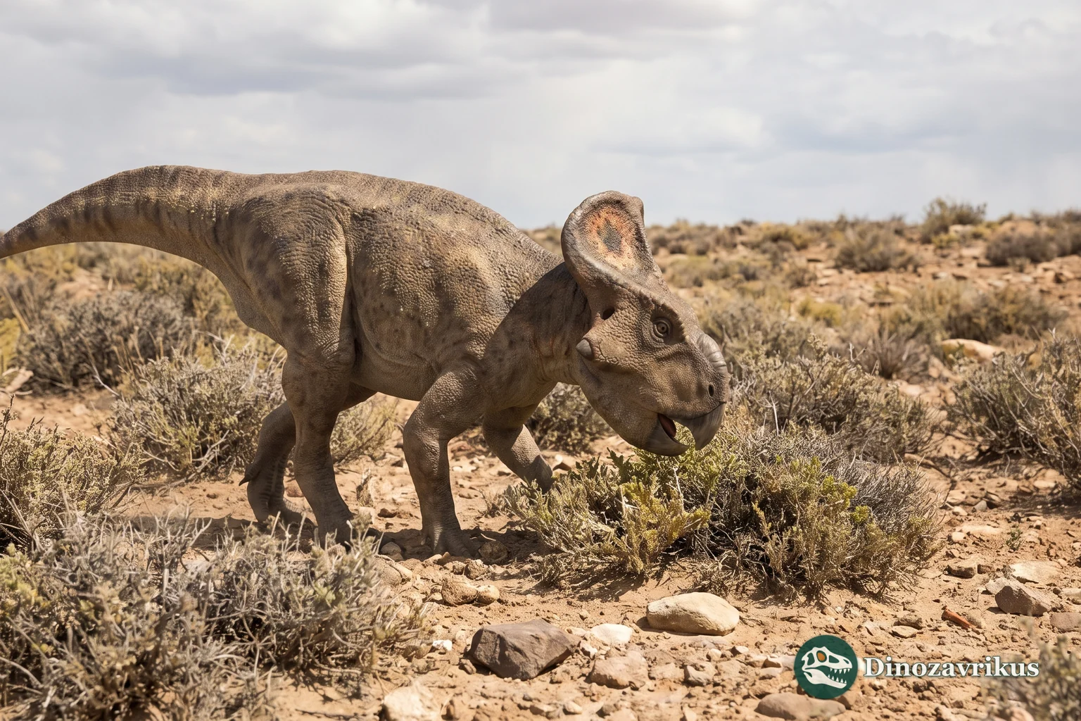 Reconstruction of Protoceratops in a dry Gobi landscape