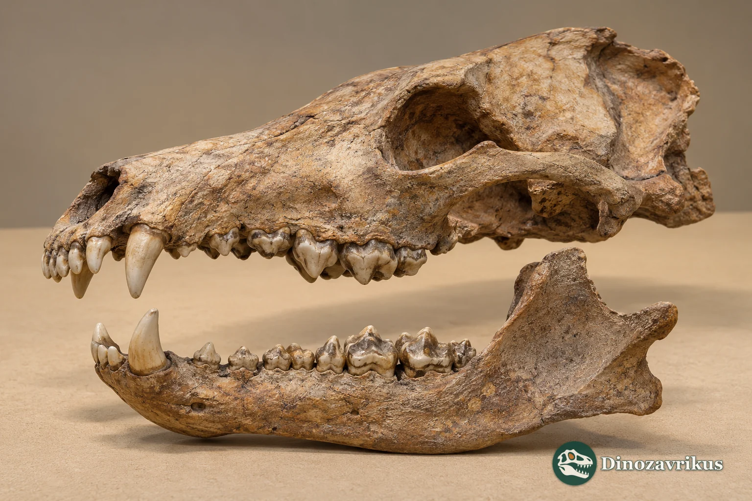 Interpretive fossil canid skull and lower jaw