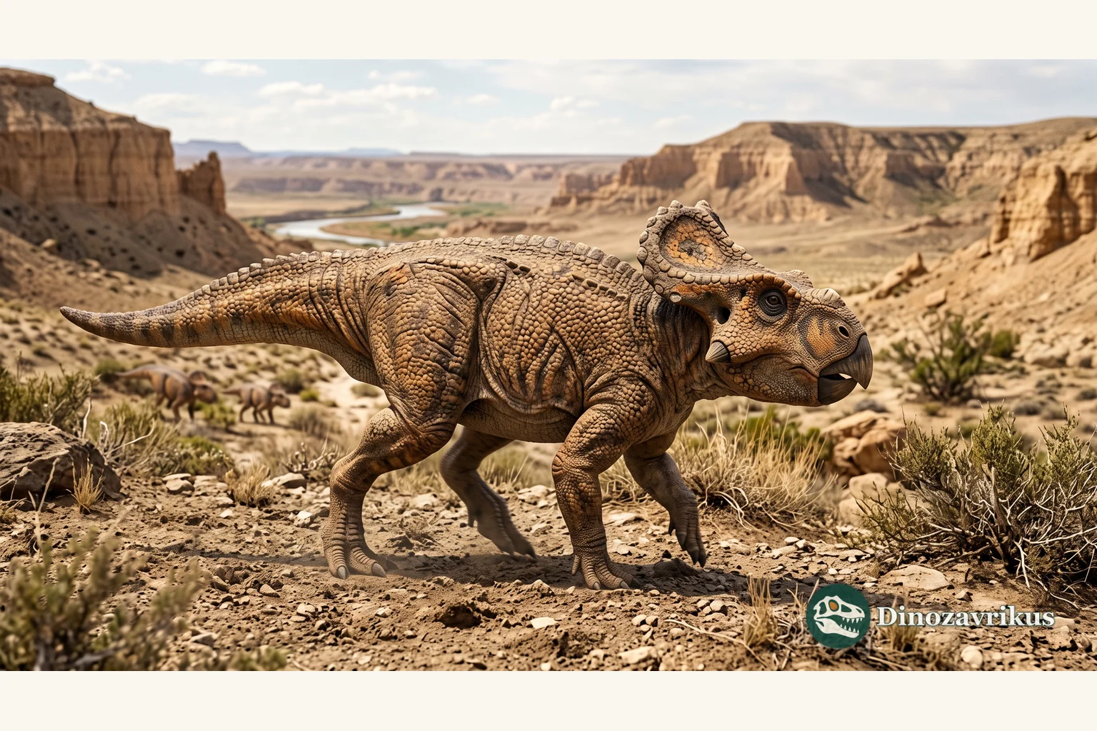 Scientific reconstruction of Protohadros byrdi beside a Cenomanian coastal river in Texas