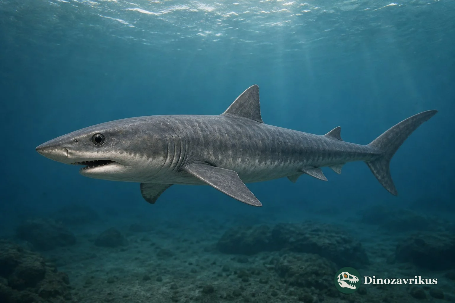 Protolamna reconstructed in an Early Cretaceous sea, with its grasping teeth shown as the direct fossil evidence