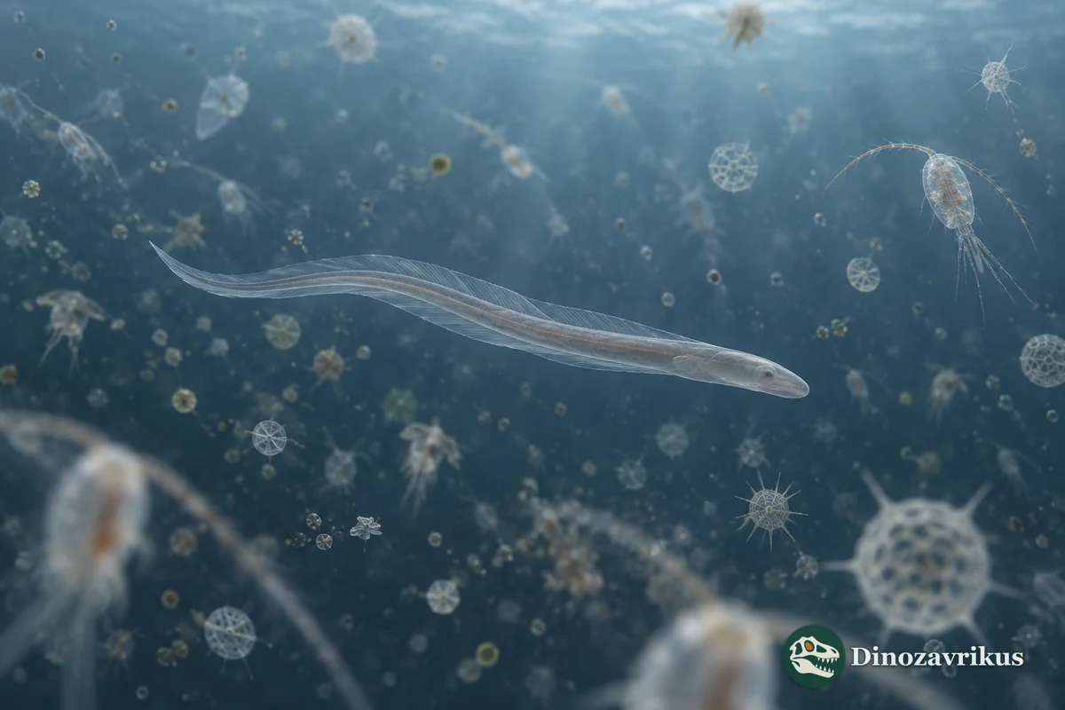 Artistic hypothesis showing a small conodont-like animal in Ordovician seawater