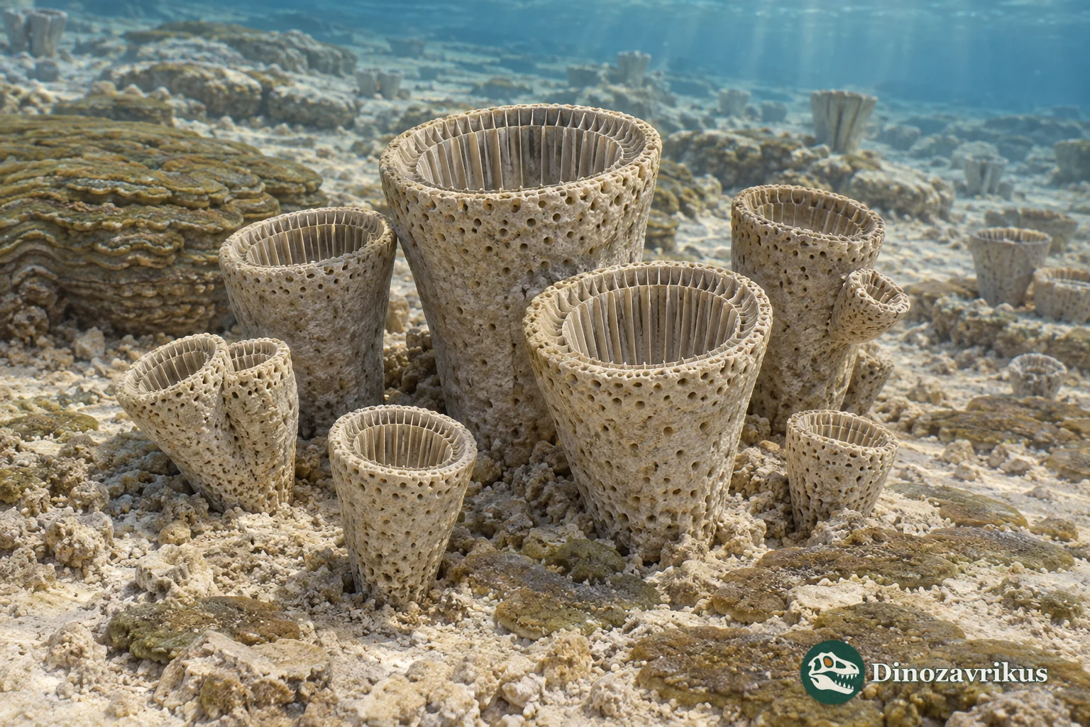 Reconstruction of porous Protopharetra cups growing among microbial carbonate structures on an early Cambrian seafloor