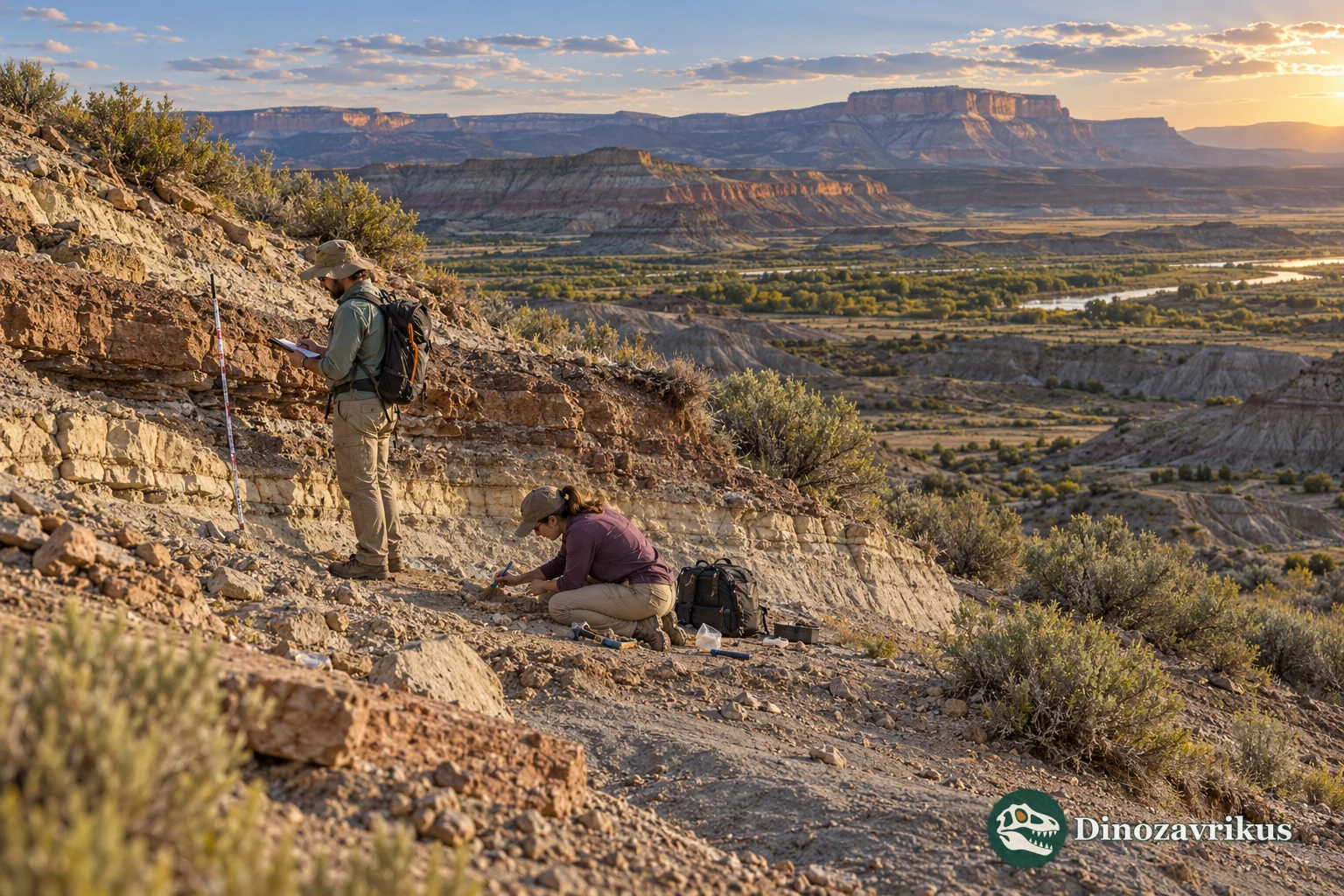 Illustrative field team documenting an Eocene fossil layer