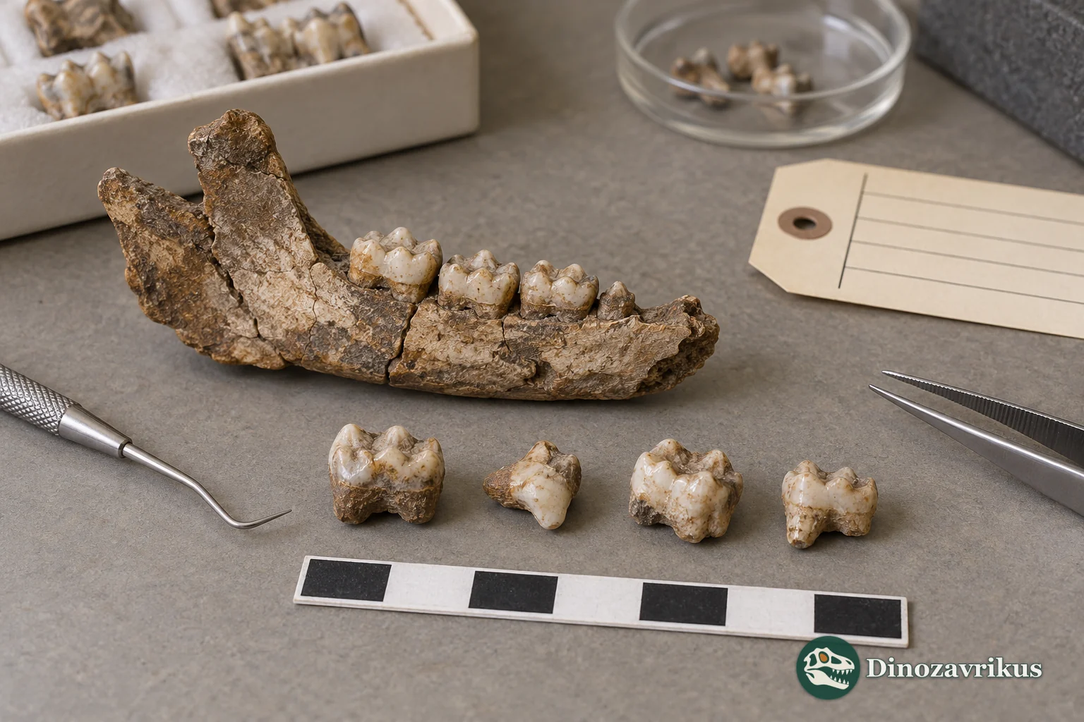 Illustrative study of a fossil jaw and isolated teeth