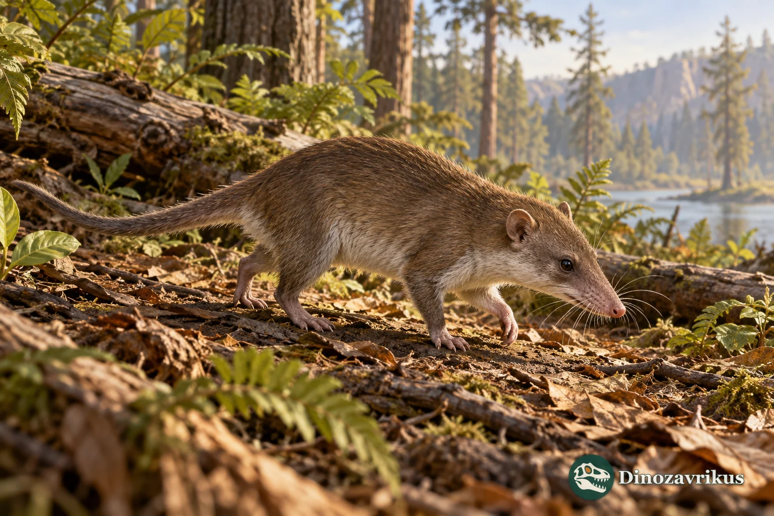 Artistic reconstruction of a small Paleocene mammal beside a woodland waterway