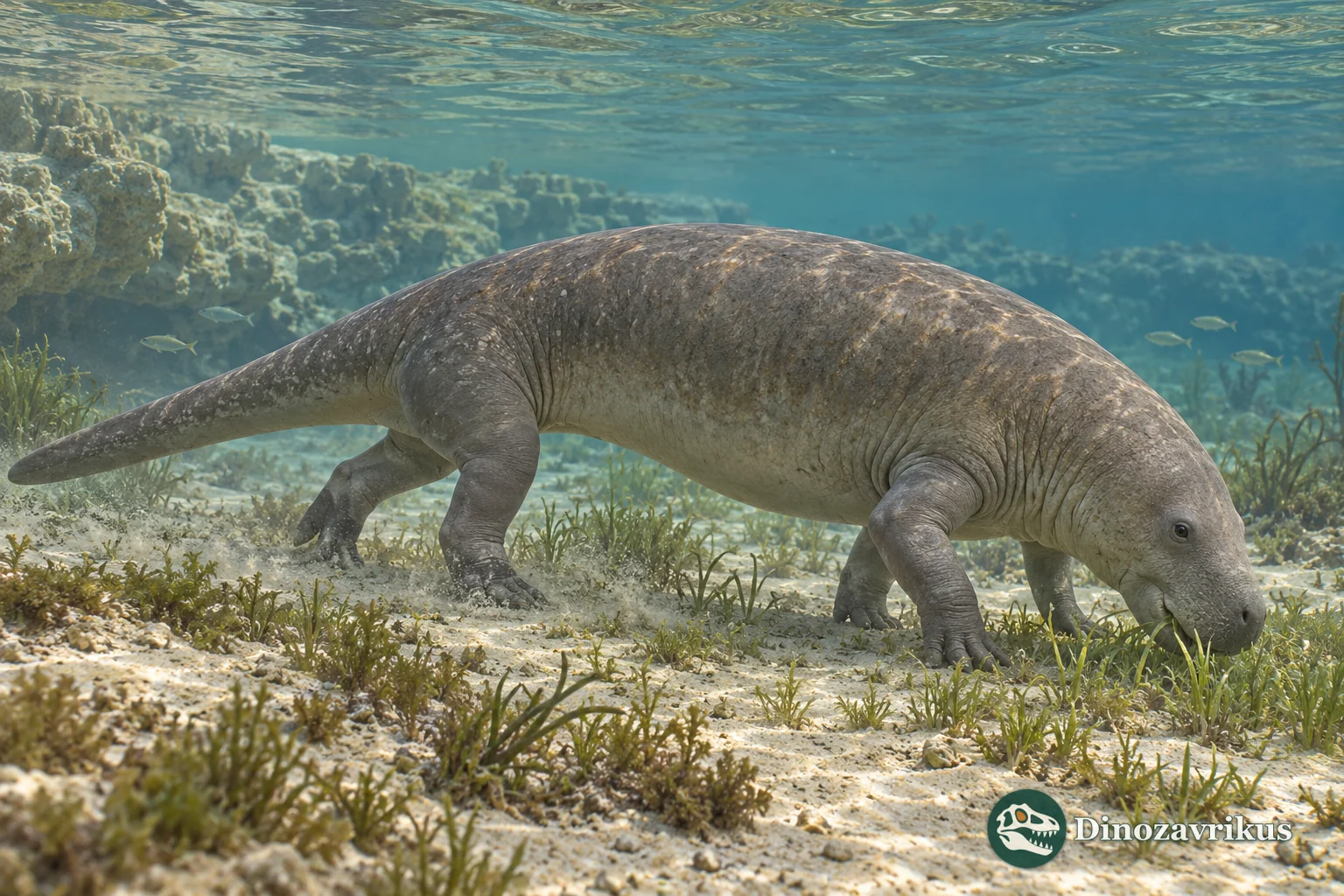 Artistic reconstruction of Protosiren using its hind limbs while swimming