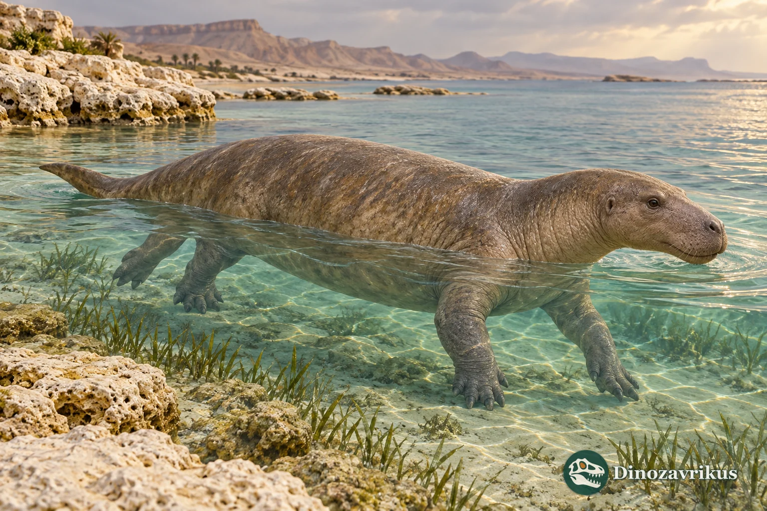 Artistic reconstruction of Protosiren swimming through shallow Eocene coastal water