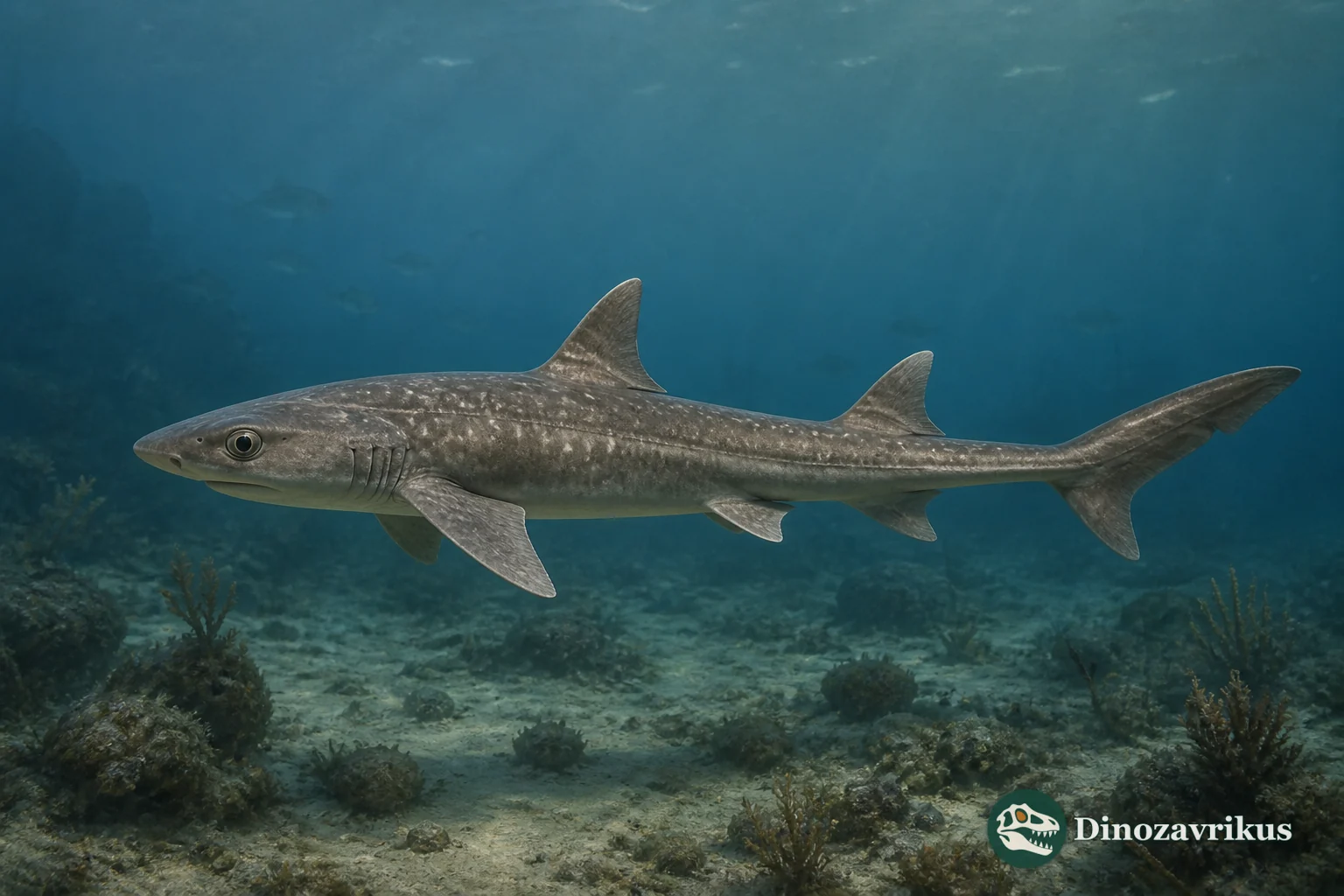 Protosqualus reconstructed as a small dogfish shark in a Cretaceous sea, with its minute cutting teeth shown in the foreground