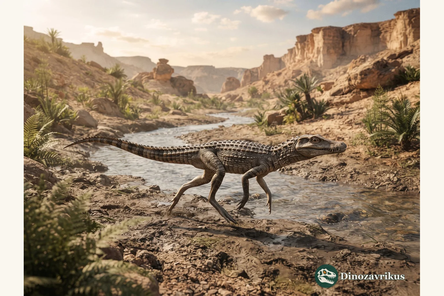 Protosuchus reconstructed beside a seasonal stream in Early Jurassic Arizona
