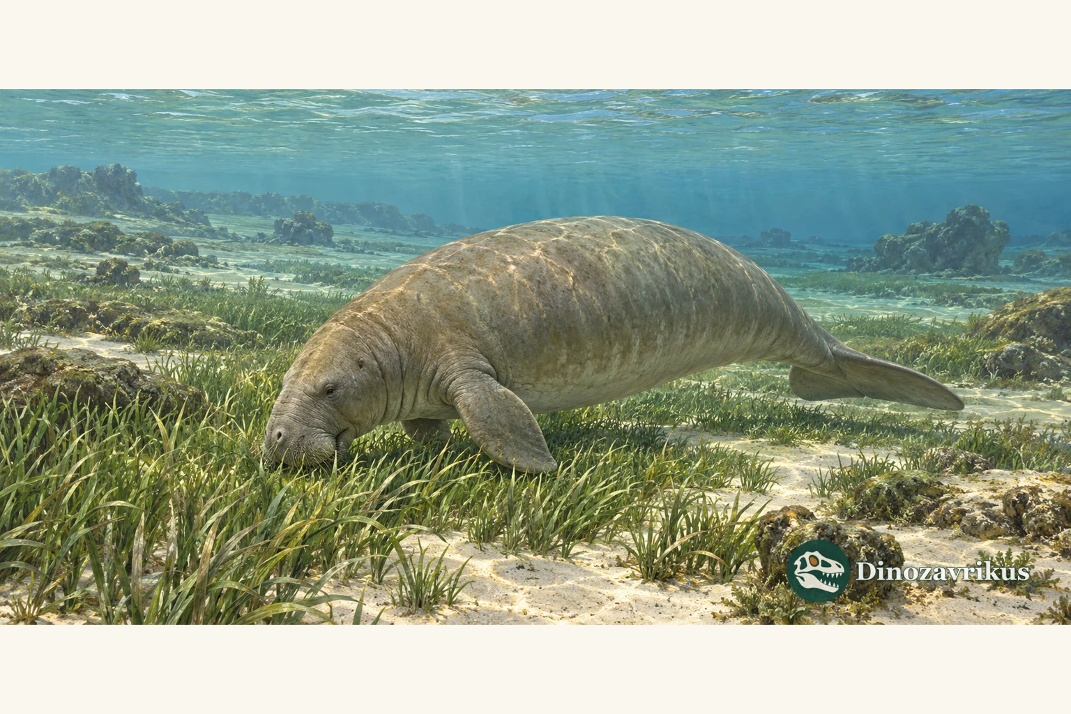 Artistic reconstruction of an early sea cow feeding in shallow coastal water