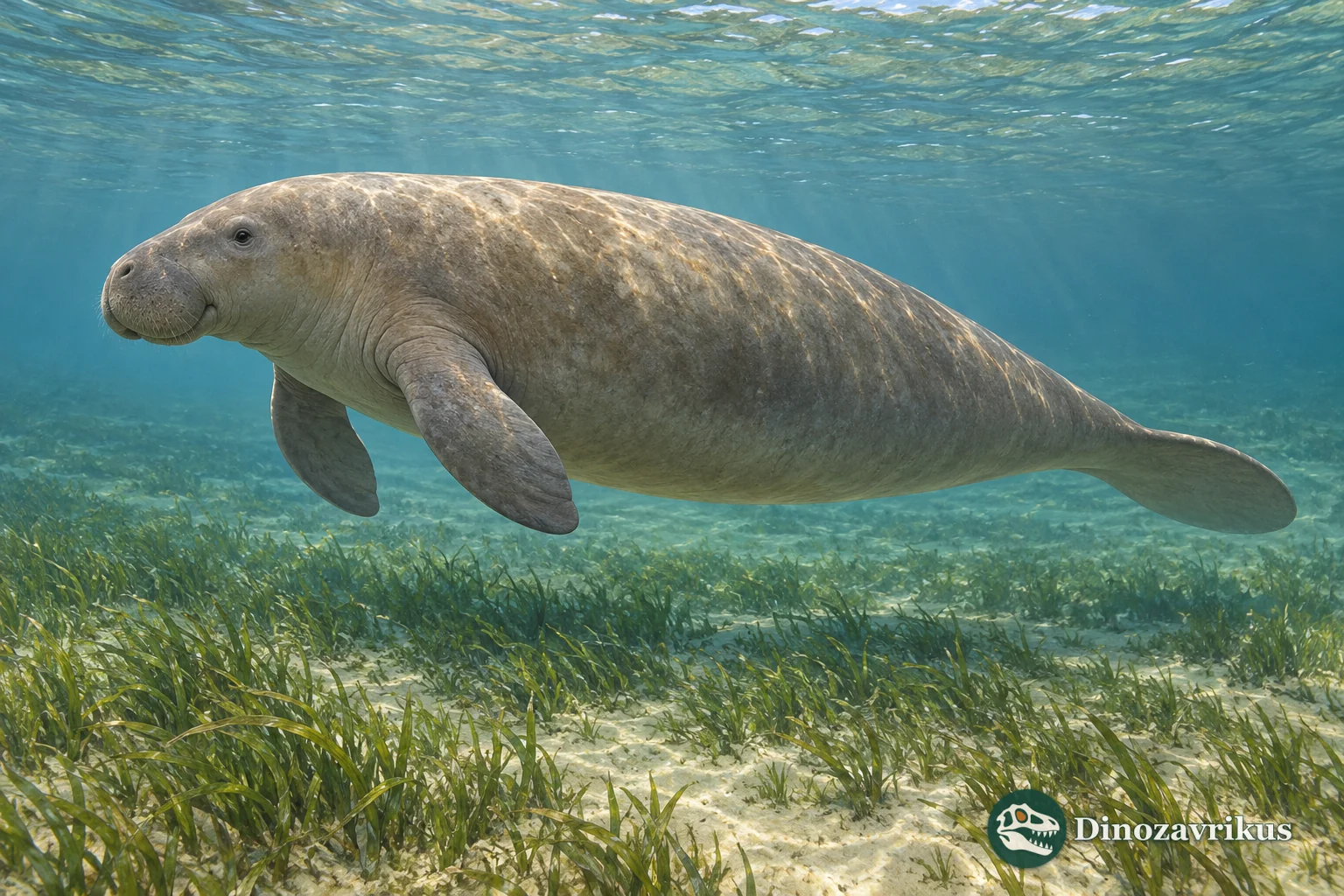 Artistic reconstruction of Prototherium in a shallow Eocene seagrass meadow