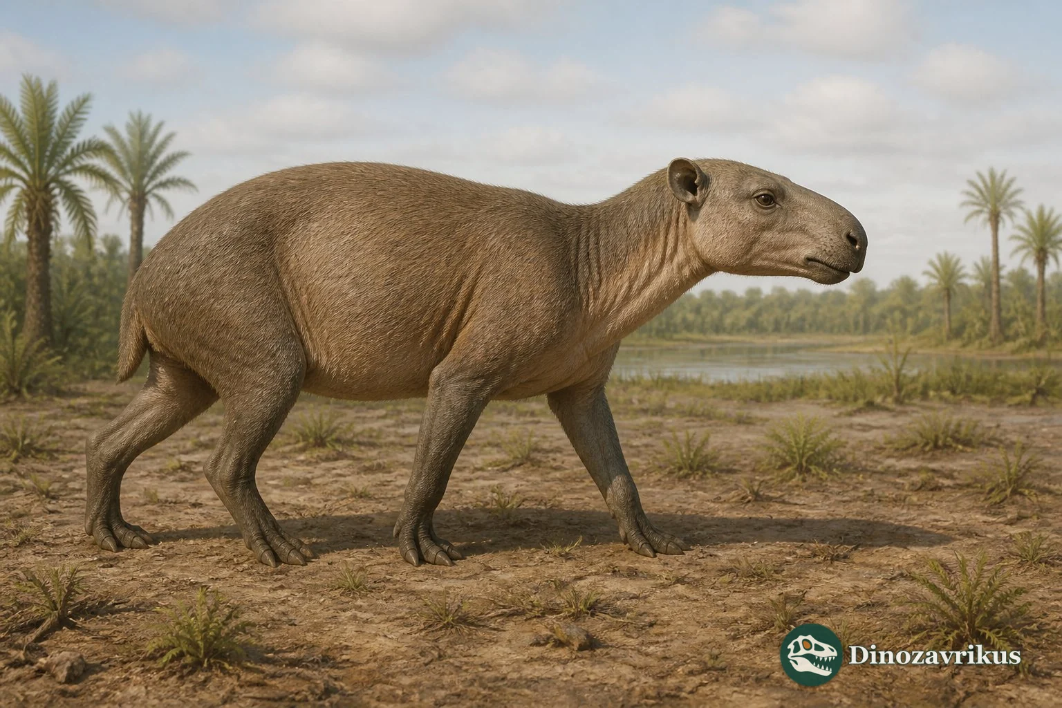 Protypotherium foraging on low vegetation in Miocene Patagonia