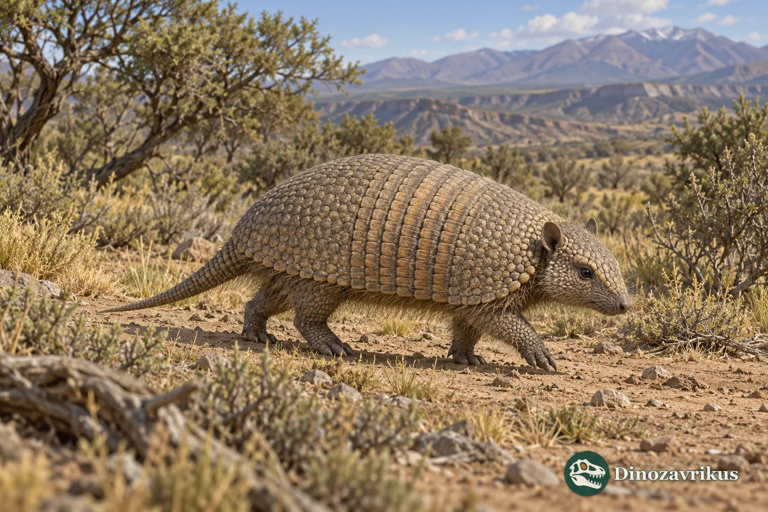 Artistic reconstruction of Prozaedyus in a dry South American landscape