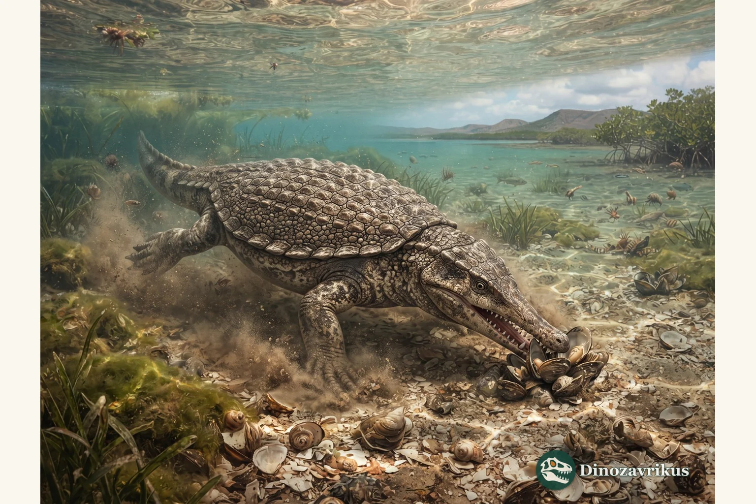 Psephoderma swimming above a Late Triassic seafloor
