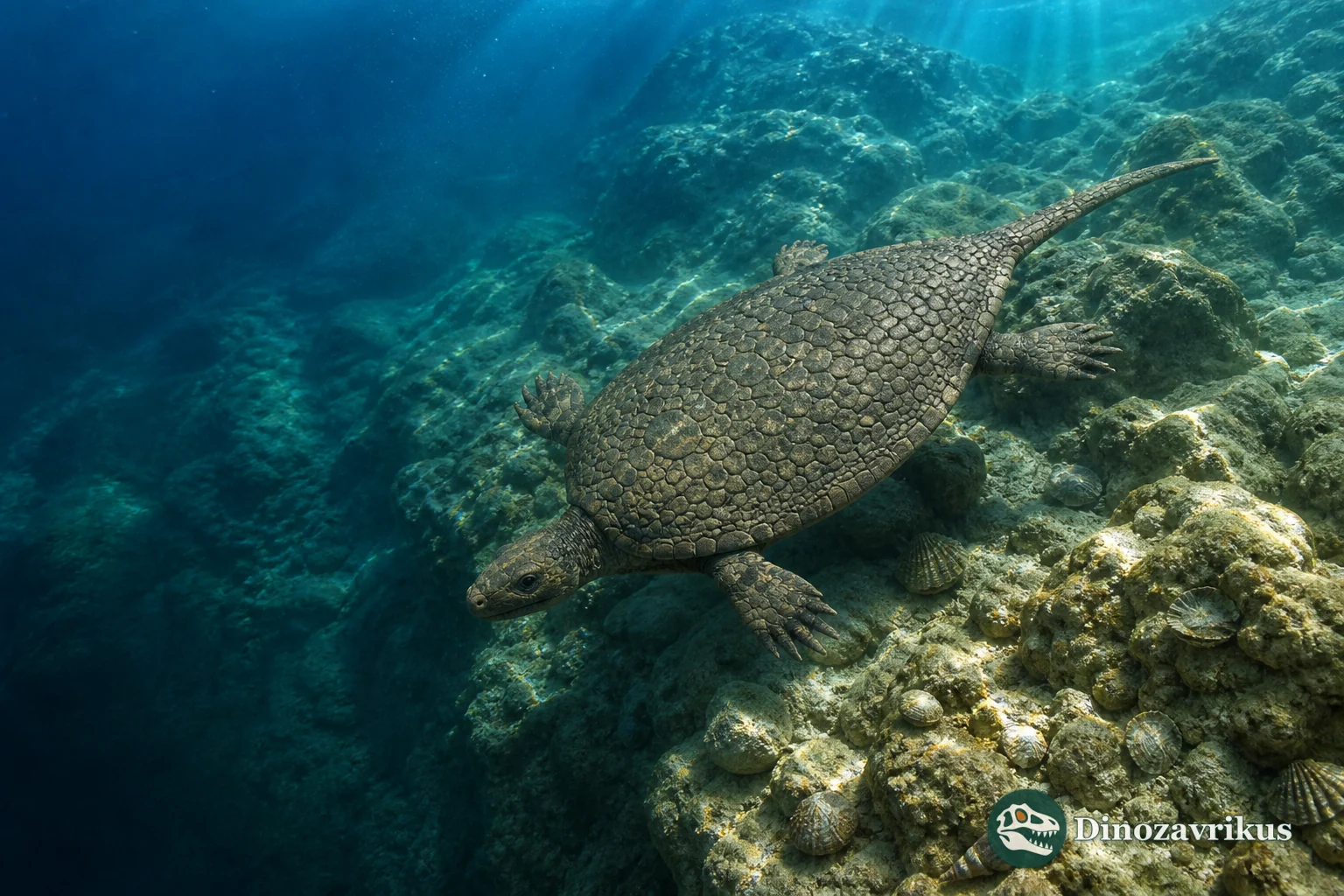 Psephosauriscus represented as an armoured placodont moving over a Triassic seabed