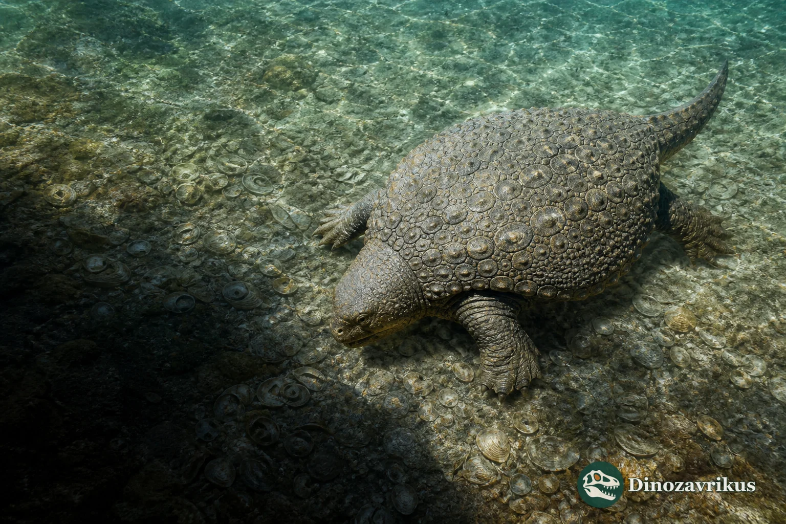 Psephosaurus suevicus represented as an armoured placodont on a shallow Triassic seabed