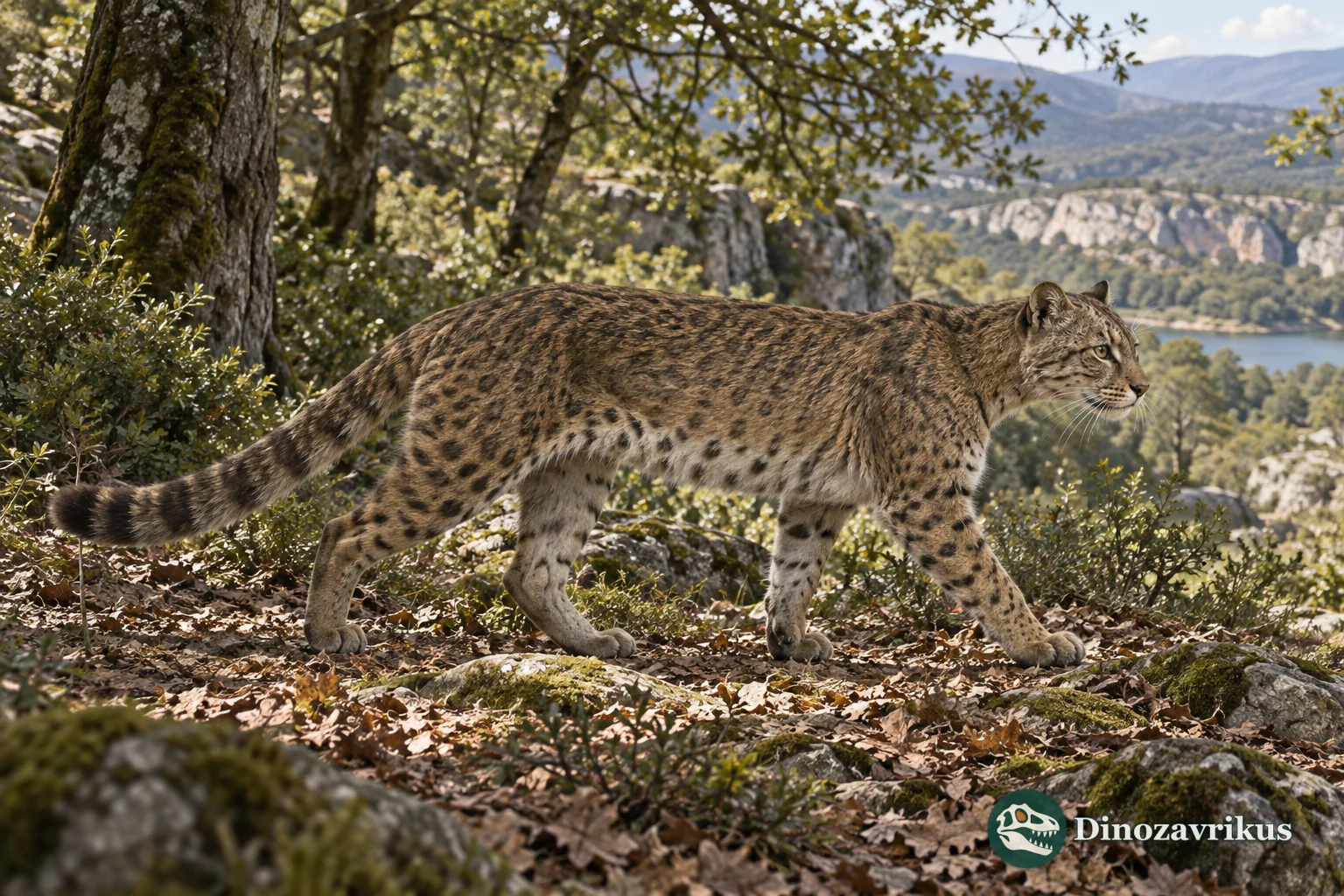 Pseudaelurus walking through a wooded Miocene landscape