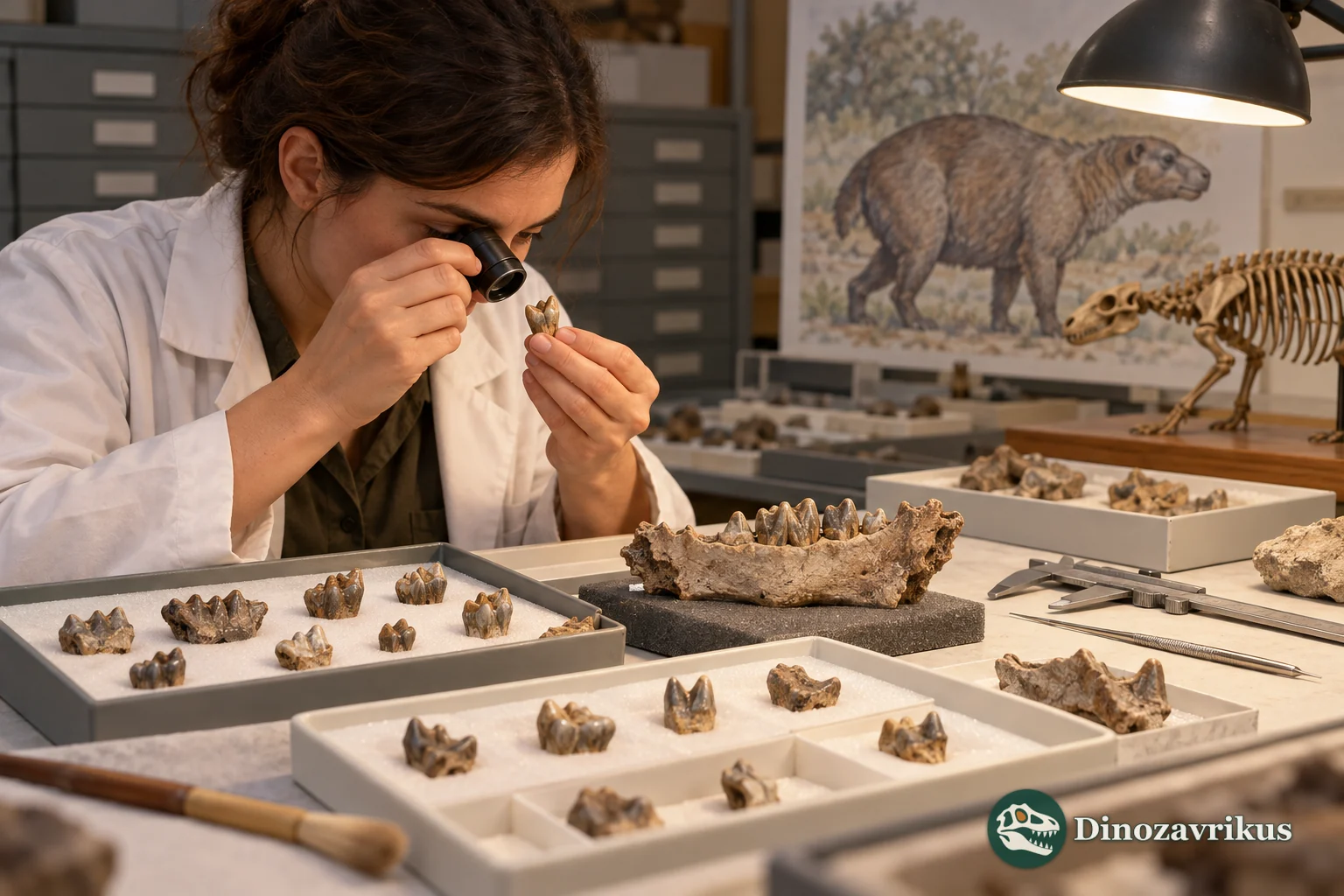 Illustrative laboratory scene for studying fossil typothere teeth
