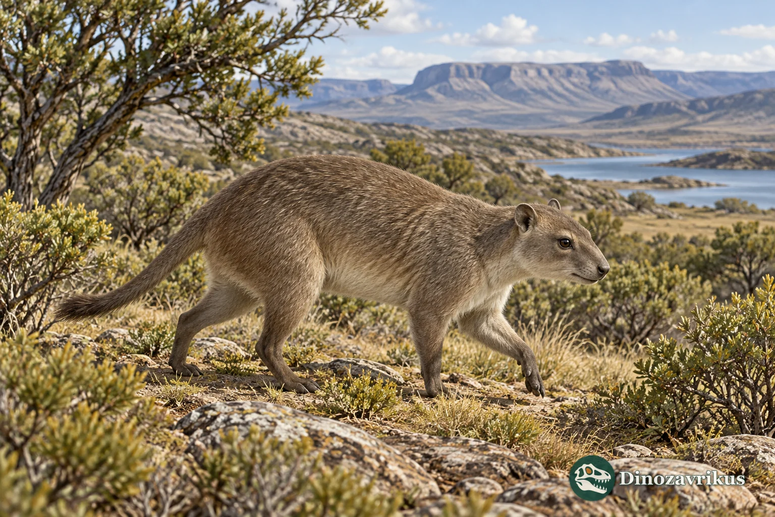 Artistic reconstruction of Pseudhyrax in a Patagonian landscape