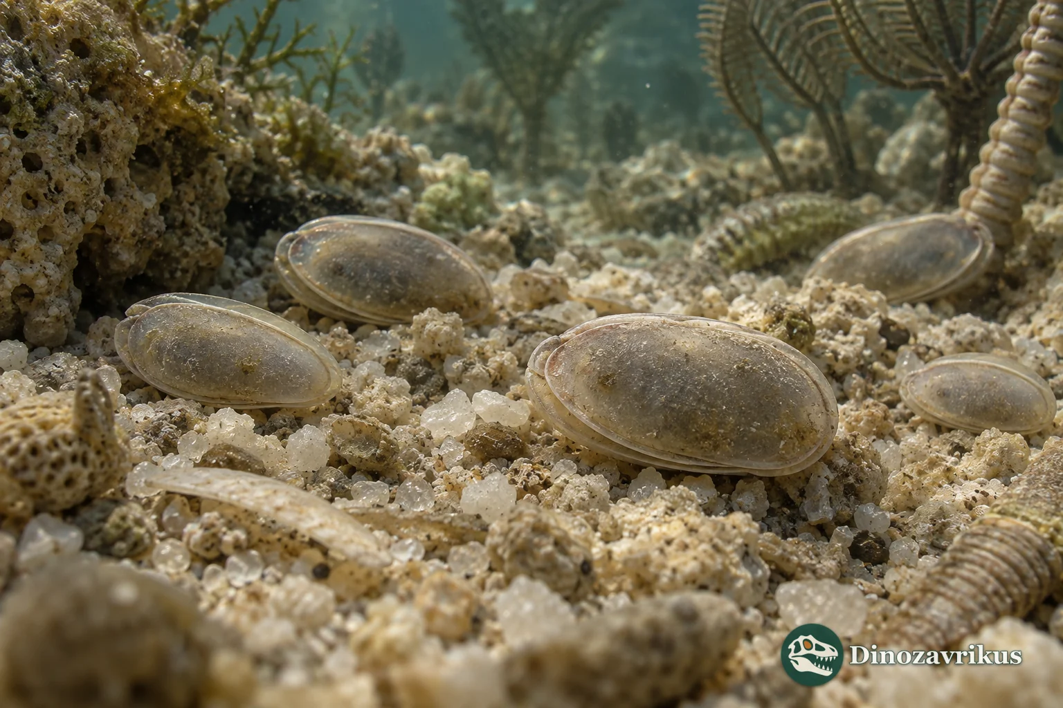 Enlarged smooth Pseudobythocypris ostracod valves among marine carbonate grains