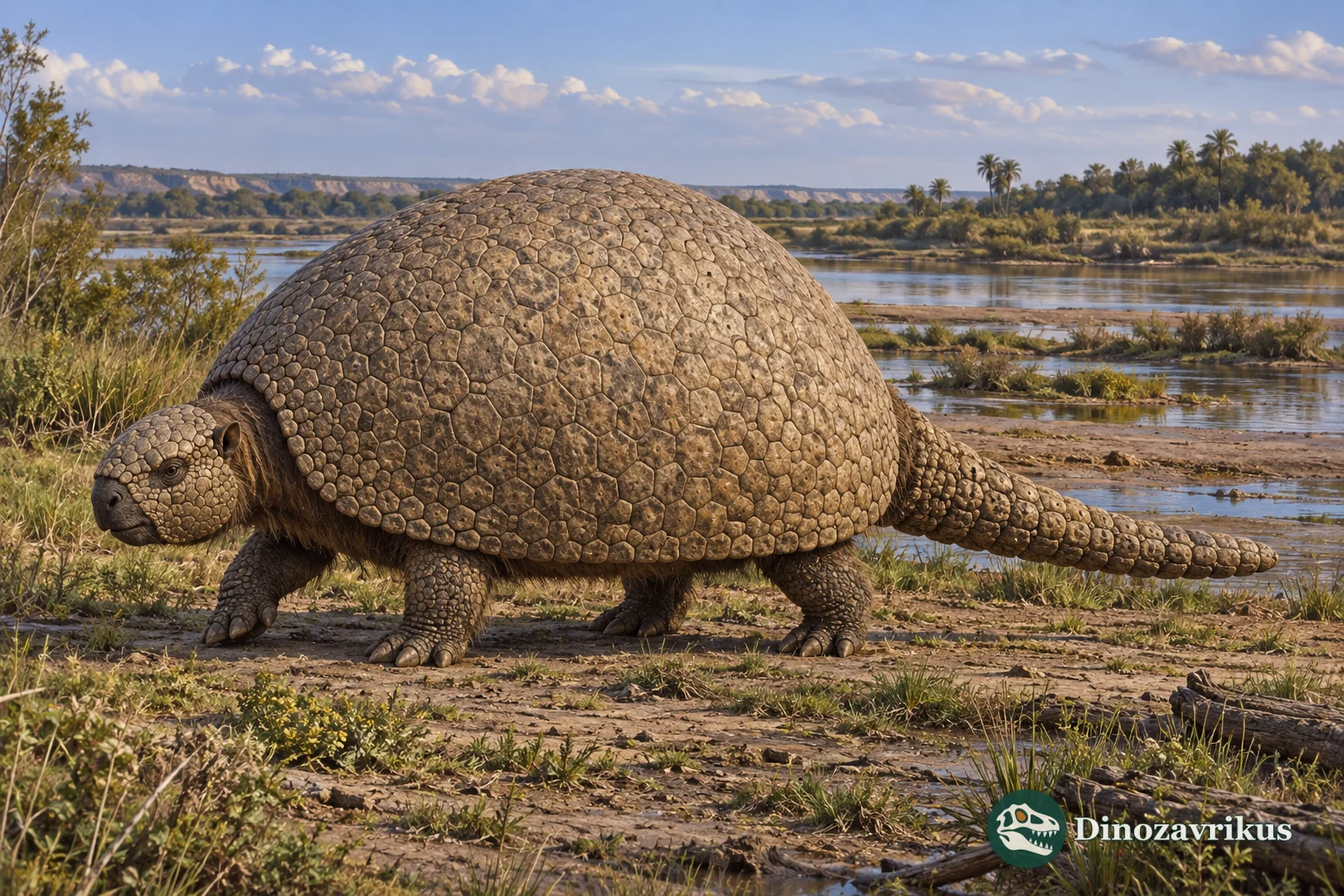 Artistic reconstruction of Pseudoplohophorus in a late Miocene Uruguayan landscape