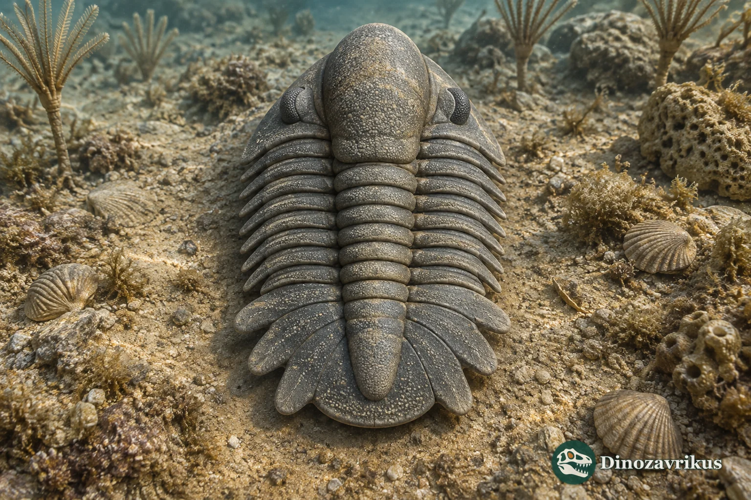 Ordovician Pseudosphaerexochus trilobite showing its inflated glabella and paired pygidial lobes