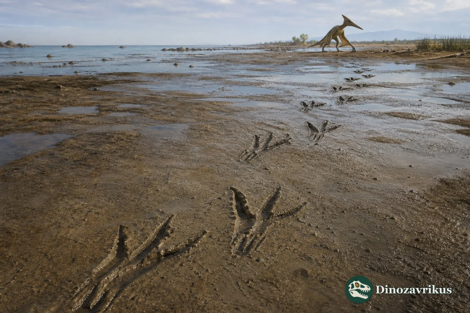 A pterosaur walking quadrupedally across Jurassic wet sediment