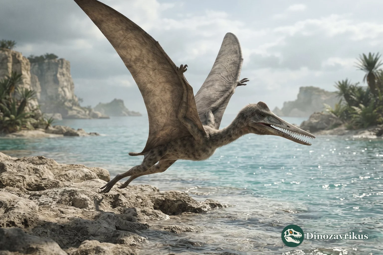 Reconstruction of Pterodactylus flying above a Late Jurassic lagoon