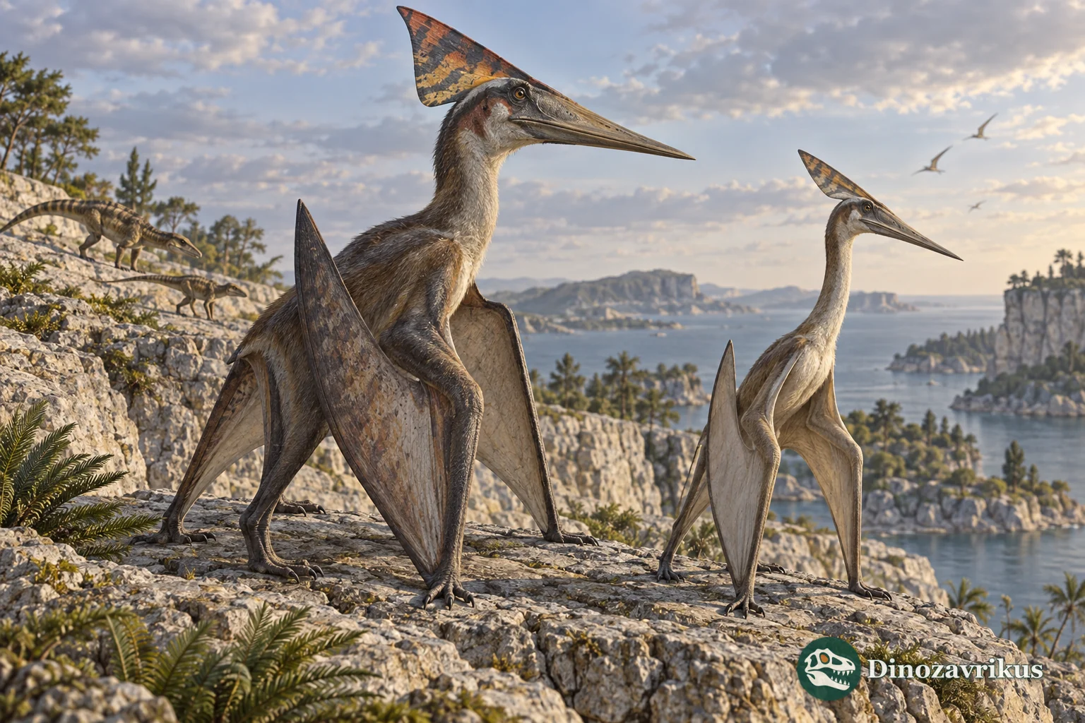A crested pterosaur stands on a rocky ledge as small archosaurs move through the background