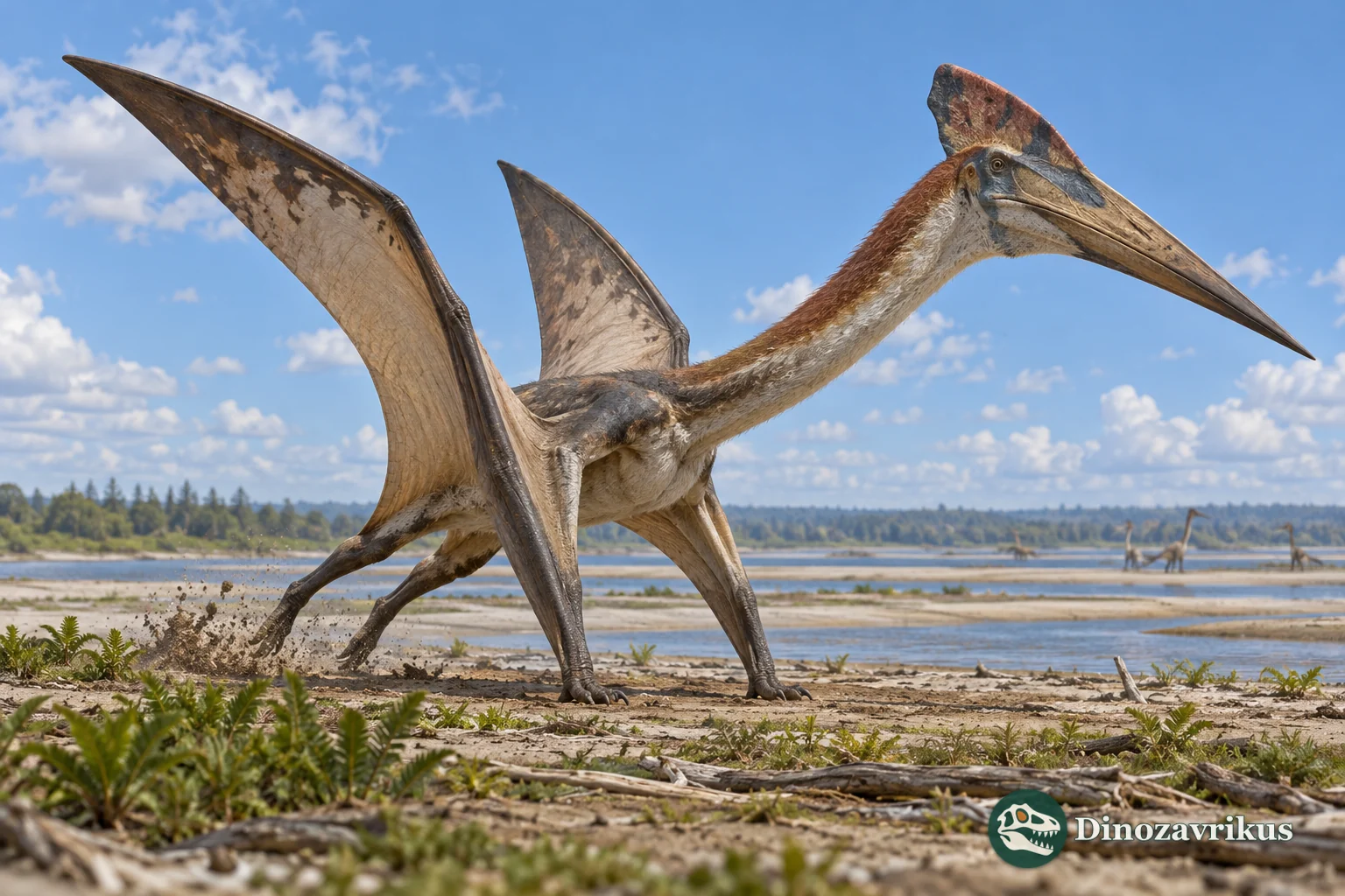 A large pterosaur bracing on its four limbs before launching from a rocky coastal plain