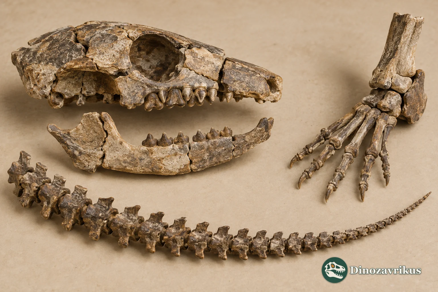 Schematic illustration of a multituberculate skull, jaw, foot and tail vertebrae