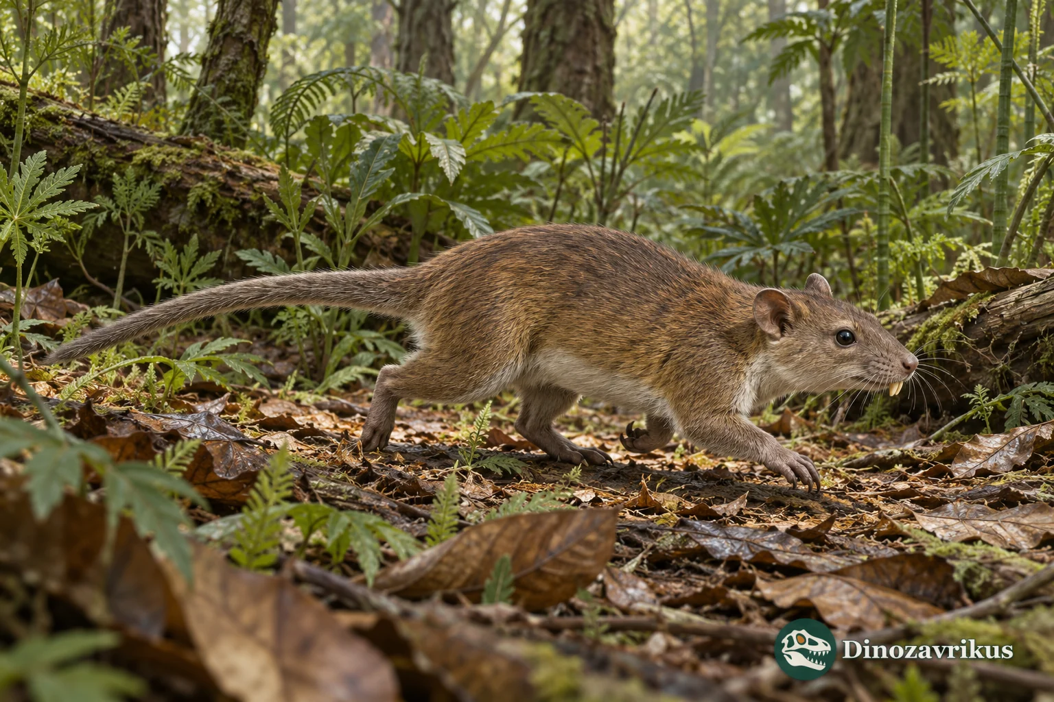 Artistic reconstruction of Ptilodus moving across the forest floor of Paleocene North America