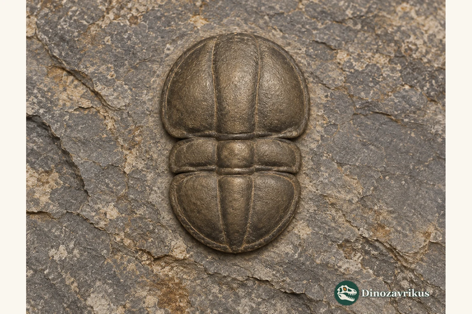 Dorsal reconstruction of the small blind agnostid trilobite Ptychagnostus atavus on Cambrian shale