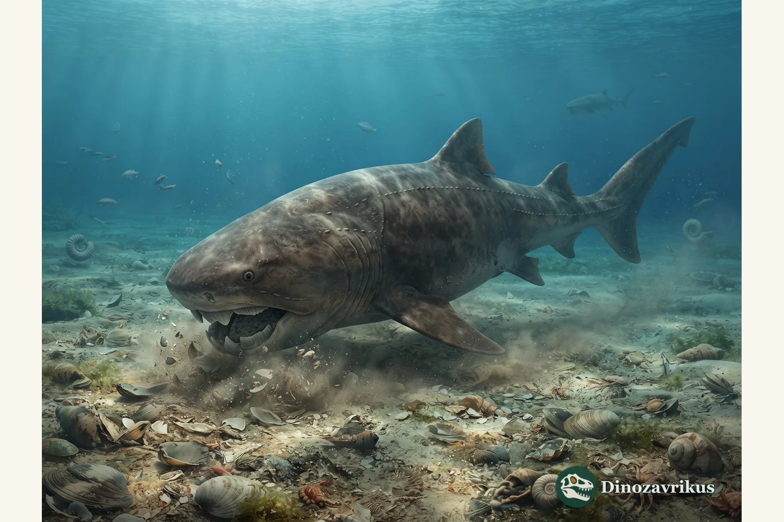 Ptychodus swimming above a Late Cretaceous shell bed