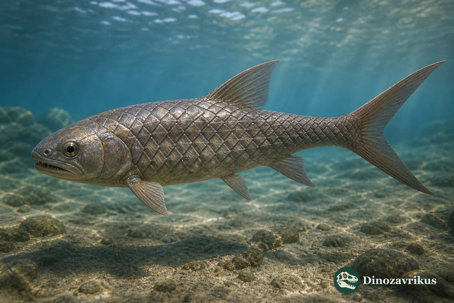 Ptycholepis huoae swimming above a Middle Triassic seabed
