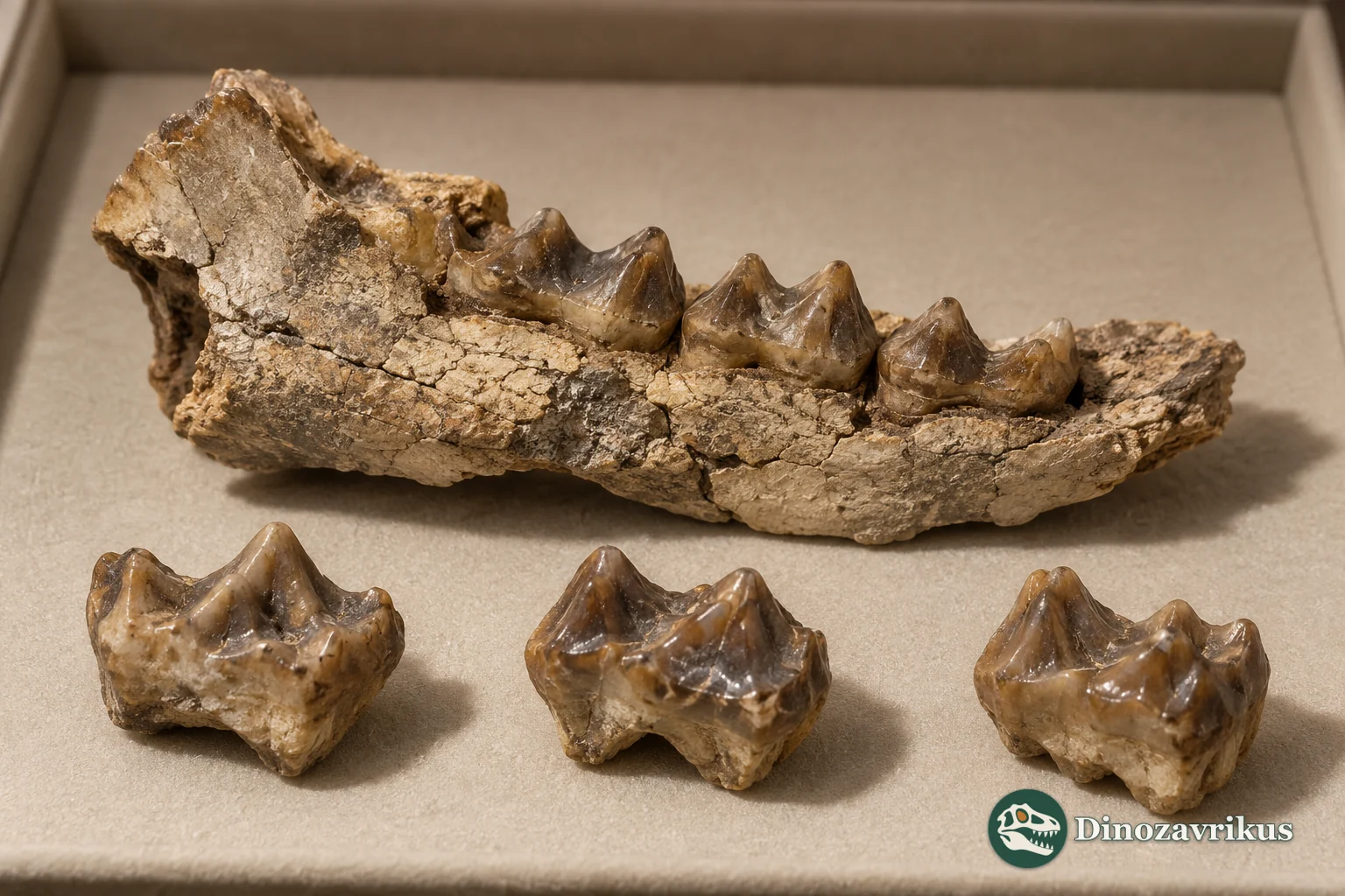 Conceptual fossil jaw fragment and isolated teeth