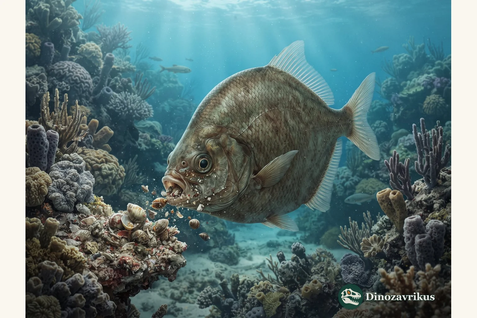 Pycnodus apodus reconstructed above the Eocene seabed at Monte Bolca, showing its deep body and crushing teeth