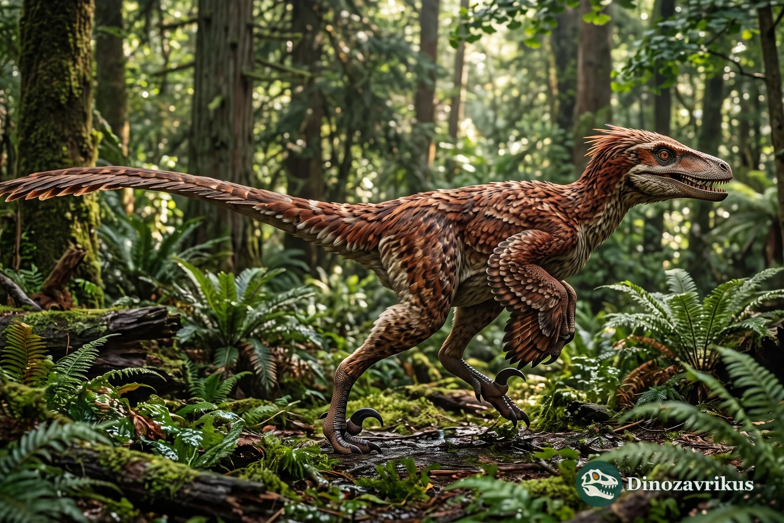 Feathered reconstruction of Pyroraptor in a Late Cretaceous river valley