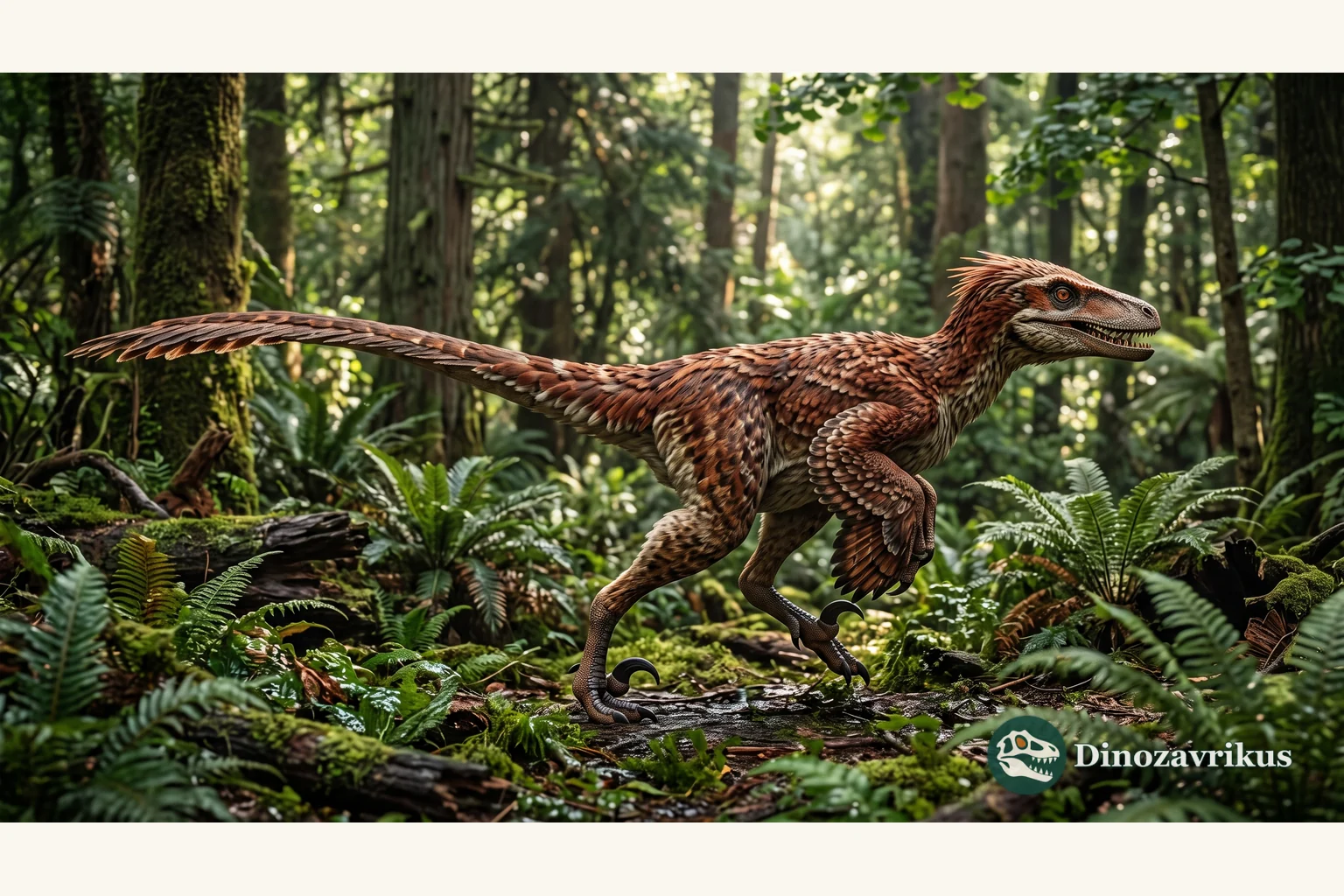 Feathered reconstruction of Pyroraptor in a Late Cretaceous river valley
