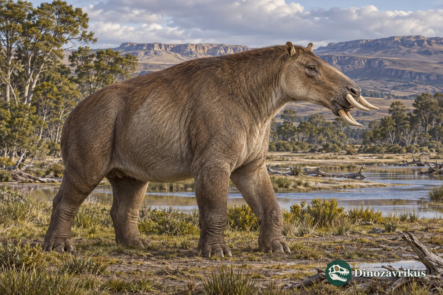 Artistic reconstruction of Pyrotherium in a late Oligocene South American landscape