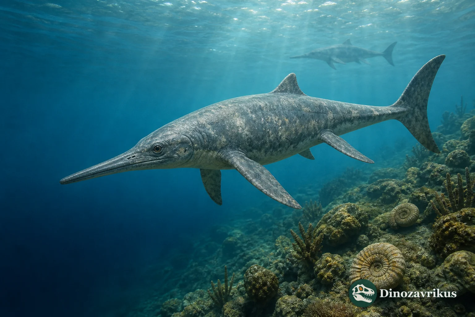 Qianichthyosaurus swims over a Triassic Guizhou seafloor